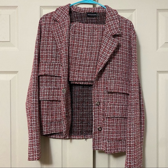 Pretty Little Thing Red Tartan Boucle Button Down Jacket and Mini Skirt Set - Picture 11 of 13
